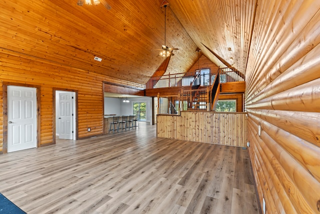 additional living space featuring high vaulted ceiling, ceiling fan, hardwood / wood-style floors, wooden ceiling, and wood walls