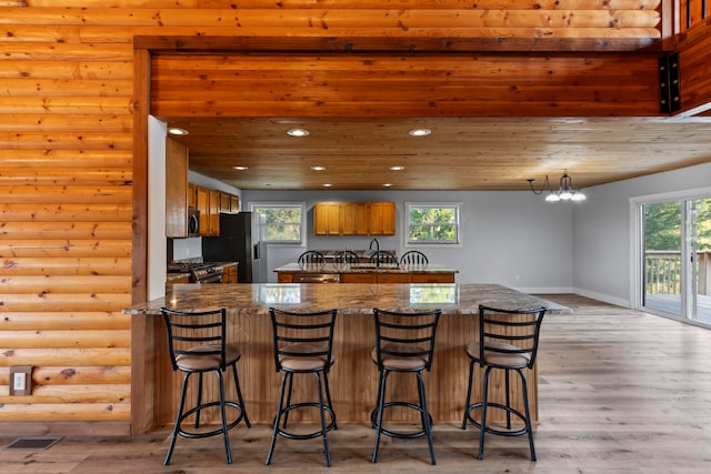 kitchen featuring light wood-type flooring, stainless steel appliances, a healthy amount of sunlight, and log walls