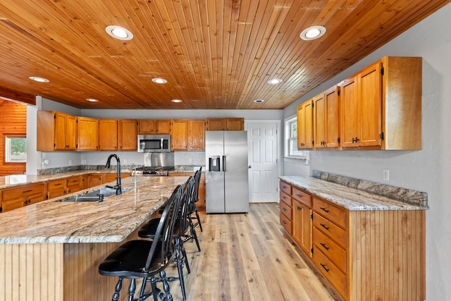 kitchen with appliances with stainless steel finishes, a healthy amount of sunlight, a kitchen bar, and light hardwood / wood-style flooring