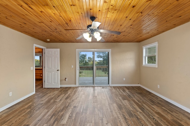 unfurnished room featuring wood ceiling, dark hardwood / wood-style flooring, and ceiling fan