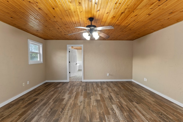 unfurnished room featuring dark wood-type flooring, wooden ceiling, and ceiling fan