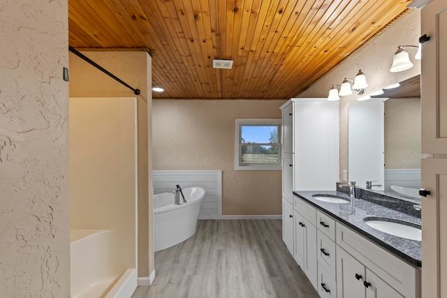 bathroom with vanity, wood ceiling, shower with separate bathtub, and hardwood / wood-style floors