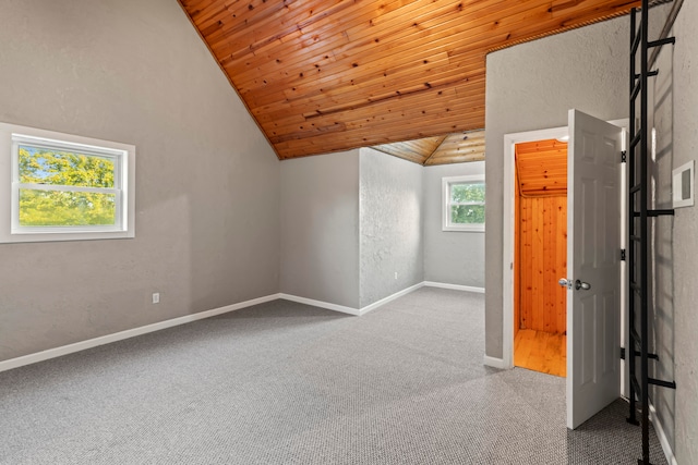 additional living space featuring wood ceiling, vaulted ceiling, and carpet