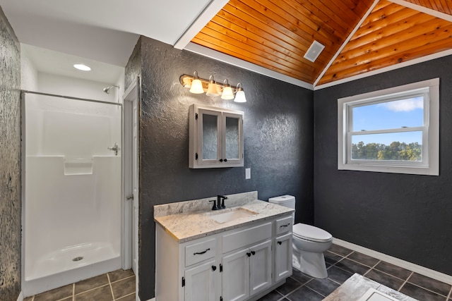 bathroom with vanity, toilet, wooden ceiling, walk in shower, and vaulted ceiling