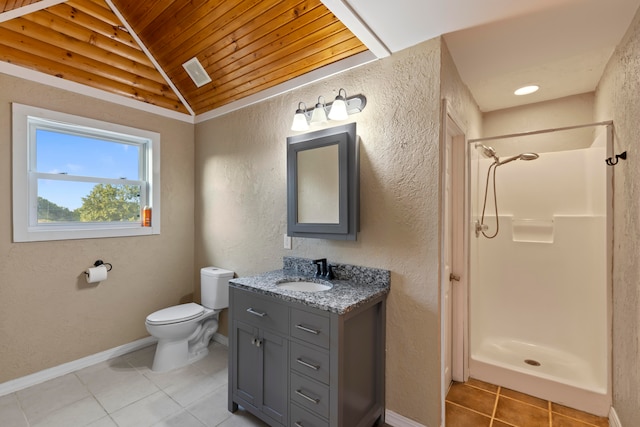 bathroom featuring walk in shower, vanity, lofted ceiling, and toilet