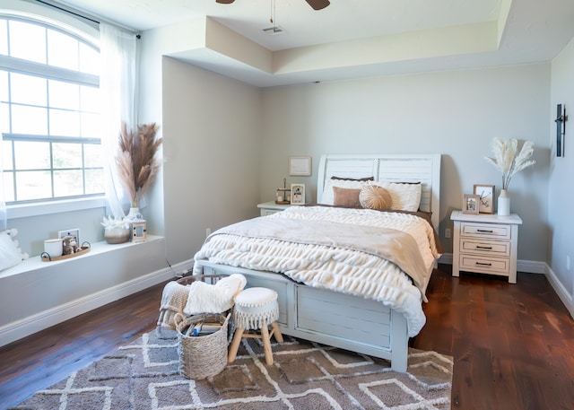 bedroom with a raised ceiling, dark hardwood / wood-style flooring, multiple windows, and ceiling fan