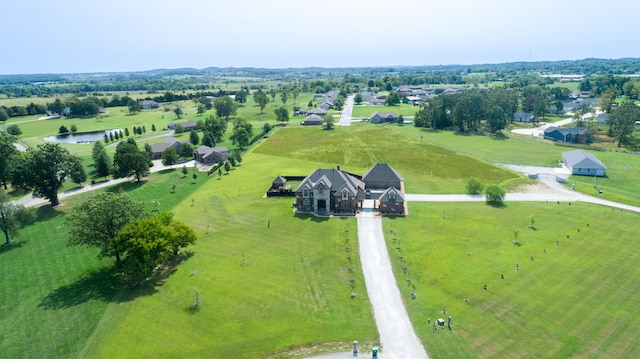 birds eye view of property featuring a water view and a rural view