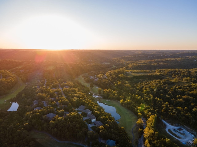 aerial view at dusk featuring a water view