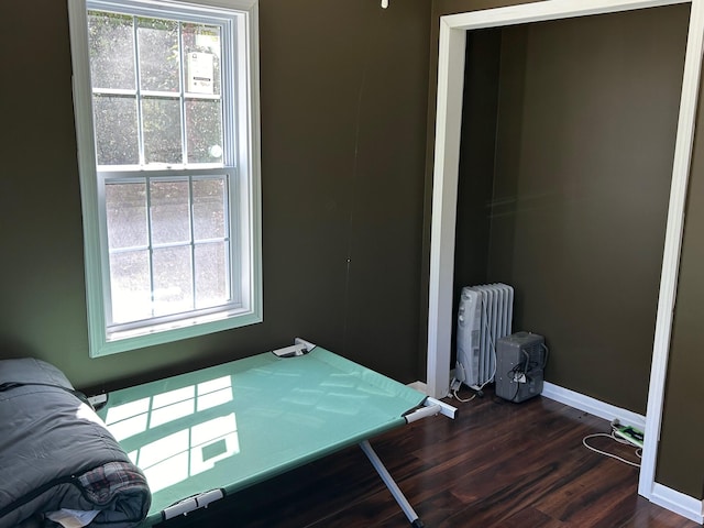 interior space featuring dark hardwood / wood-style flooring and radiator heating unit