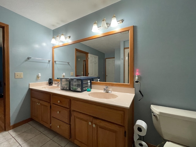 bathroom featuring vanity, toilet, and tile patterned floors