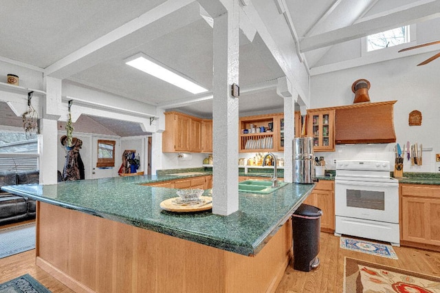 kitchen with ceiling fan, sink, white electric range, light hardwood / wood-style flooring, and lofted ceiling with beams