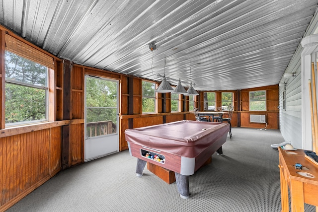 playroom featuring light colored carpet, wooden walls, vaulted ceiling, and billiards