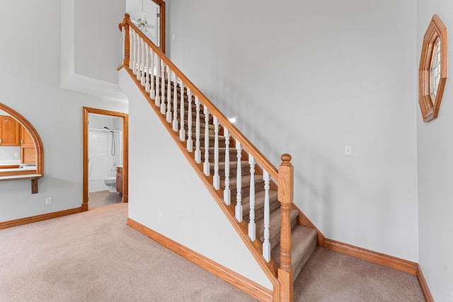 stairway featuring carpet floors and baseboards