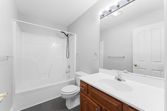 full bathroom with tile patterned floors, vanity, shower / tub combination, and toilet
