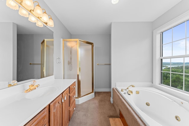 bathroom featuring baseboards, vanity, a whirlpool tub, and a stall shower
