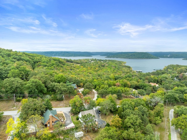 drone / aerial view featuring a water view and a wooded view