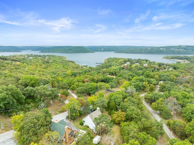 drone / aerial view with a wooded view and a water view