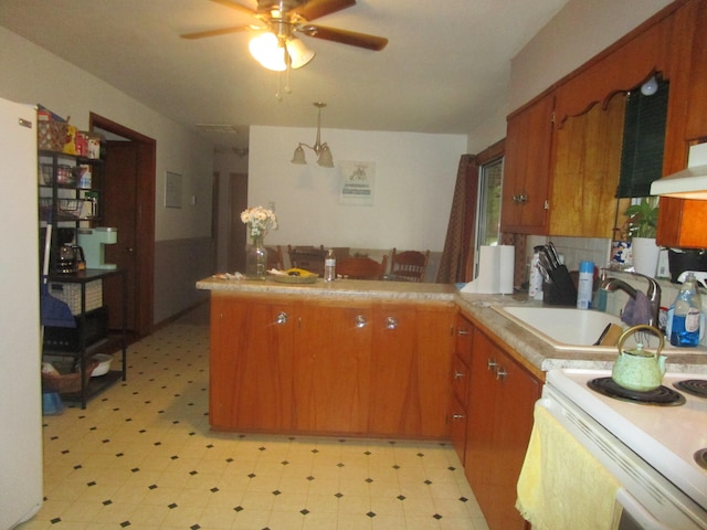 kitchen featuring white range with electric stovetop, kitchen peninsula, ceiling fan, and sink