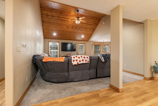 living room featuring ceiling fan, light hardwood / wood-style floors, high vaulted ceiling, and wooden ceiling