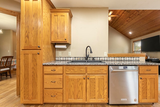 kitchen with light hardwood / wood-style floors, wooden ceiling, vaulted ceiling, sink, and stainless steel dishwasher