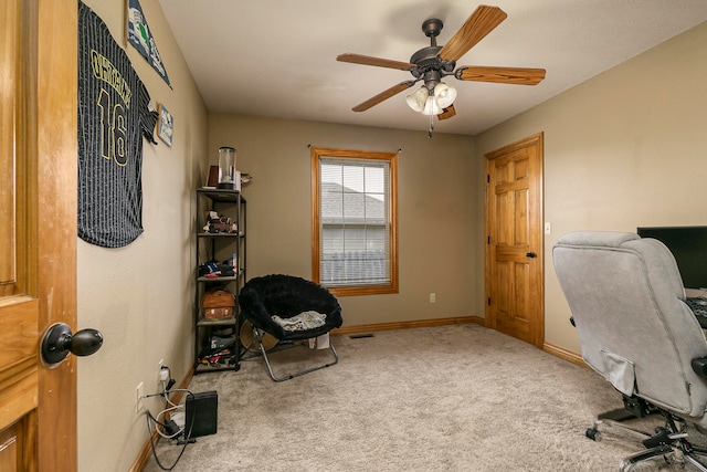 home office featuring ceiling fan and carpet flooring