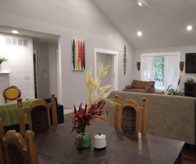 dining space featuring baseboards, visible vents, recessed lighting, and high vaulted ceiling