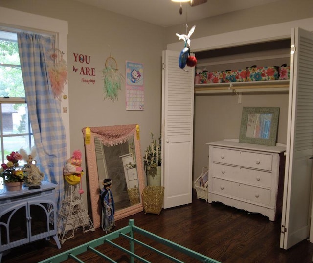 bedroom with dark hardwood / wood-style floors