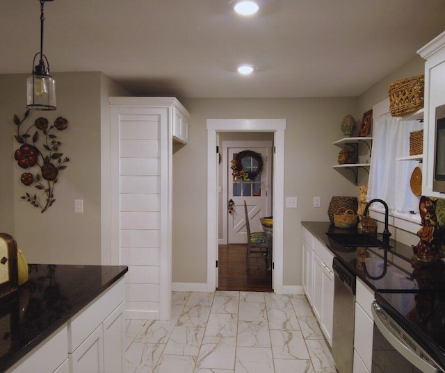 kitchen featuring a sink, recessed lighting, marble finish floor, open shelves, and dishwasher