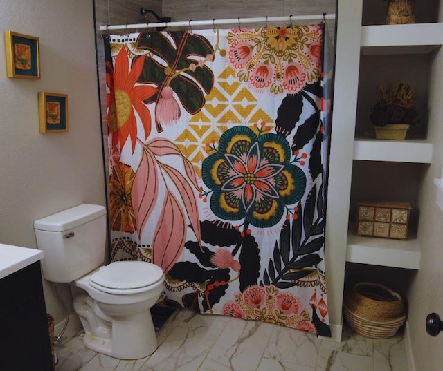 full bath with marble finish floor, curtained shower, vanity, and toilet
