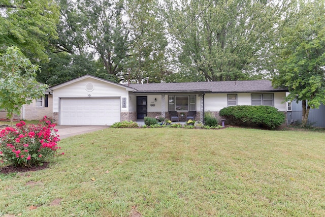 single story home with a garage, a porch, and a front lawn