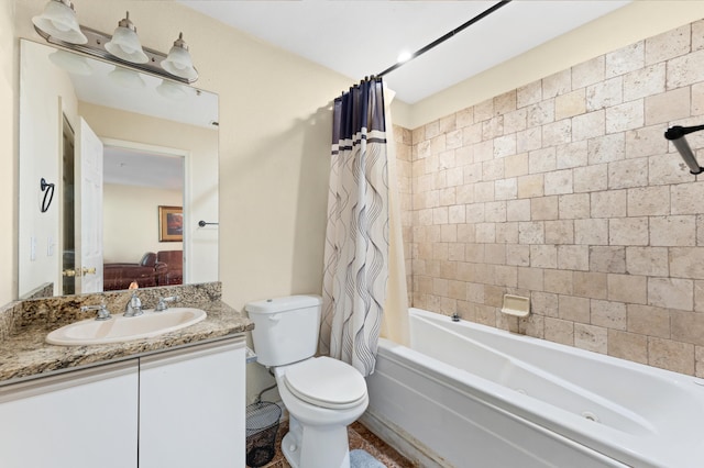 full bathroom with shower / bath combination with curtain, vanity, and toilet