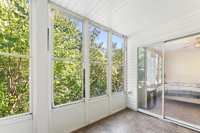 unfurnished sunroom featuring ceiling fan and a healthy amount of sunlight