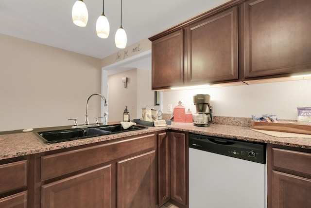 kitchen with dark brown cabinetry, sink, dishwasher, light stone countertops, and hanging light fixtures