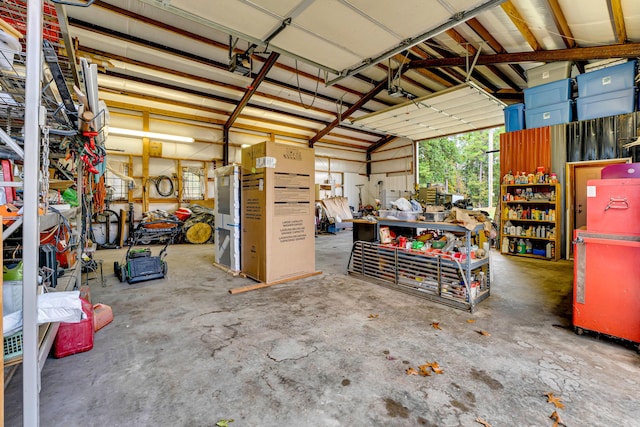 garage with a workshop area