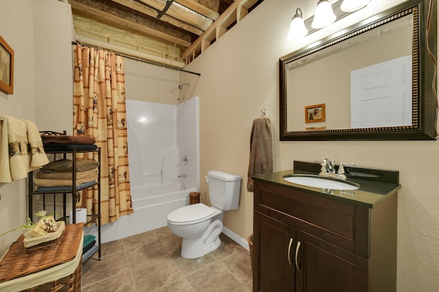 full bathroom featuring vanity, toilet, shower / bathtub combination with curtain, and tile patterned floors