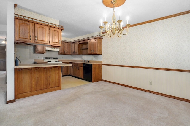 kitchen with light colored carpet, dishwasher, decorative light fixtures, and kitchen peninsula