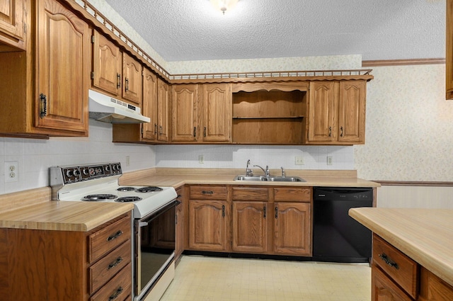 kitchen with dishwasher, sink, white electric stove, and a textured ceiling