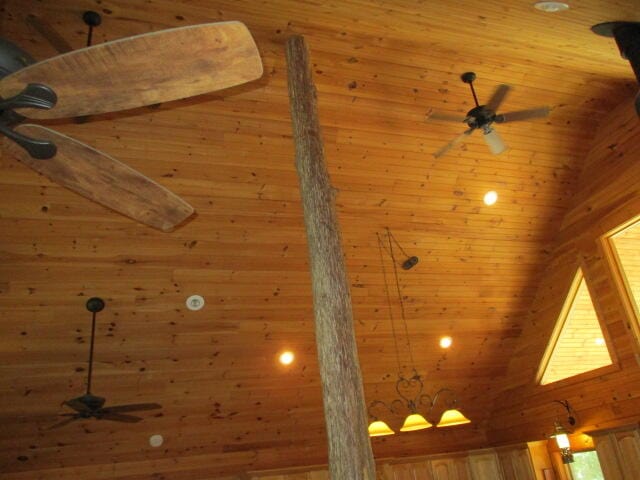 details with ceiling fan, wooden walls, and wooden ceiling