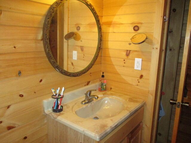 bathroom with wood walls and vanity