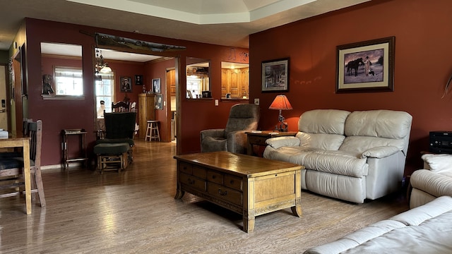 living room featuring a tray ceiling and hardwood / wood-style floors