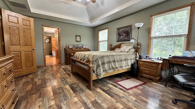 bedroom with ceiling fan, multiple windows, a tray ceiling, and dark hardwood / wood-style flooring