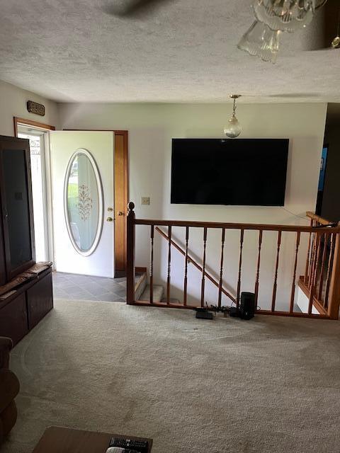 foyer entrance featuring carpet flooring and a textured ceiling