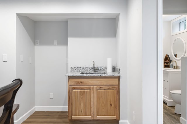 bathroom with hardwood / wood-style flooring, vanity, and toilet