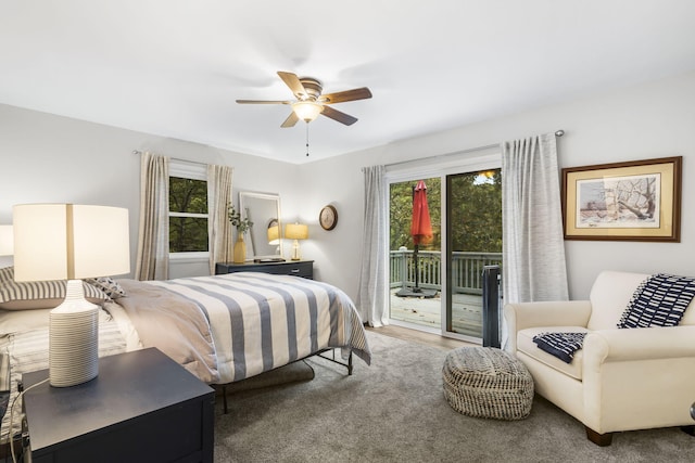 bedroom featuring access to outside and ceiling fan