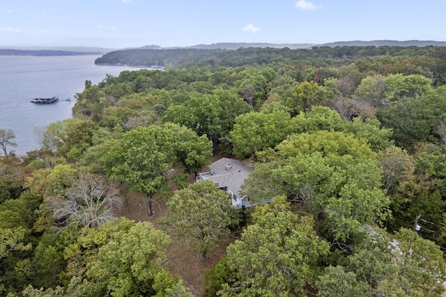 bird's eye view with a forest view and a water view