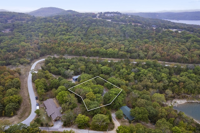 aerial view with a view of trees and a water and mountain view