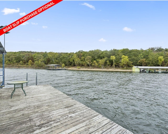 dock area with a forest view and a water view