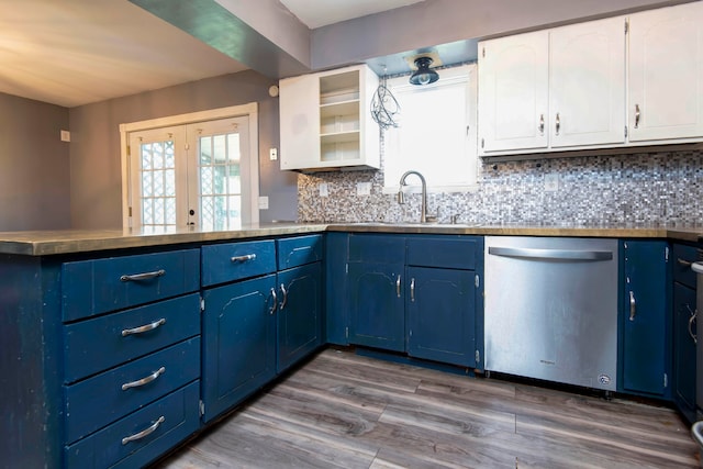 kitchen featuring blue cabinetry, white cabinets, dark hardwood / wood-style flooring, and stainless steel dishwasher