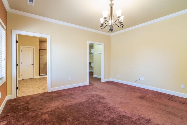 interior space with crown molding, light carpet, and a chandelier