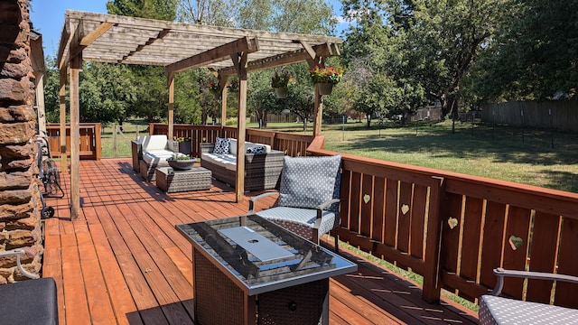 wooden terrace with a fenced backyard, a pergola, outdoor lounge area, and a lawn